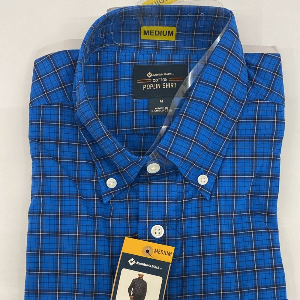 NWT Member's Mark Cotton Poplin Button Down Shirt, Blue Plaid, Long Sleeve, Size